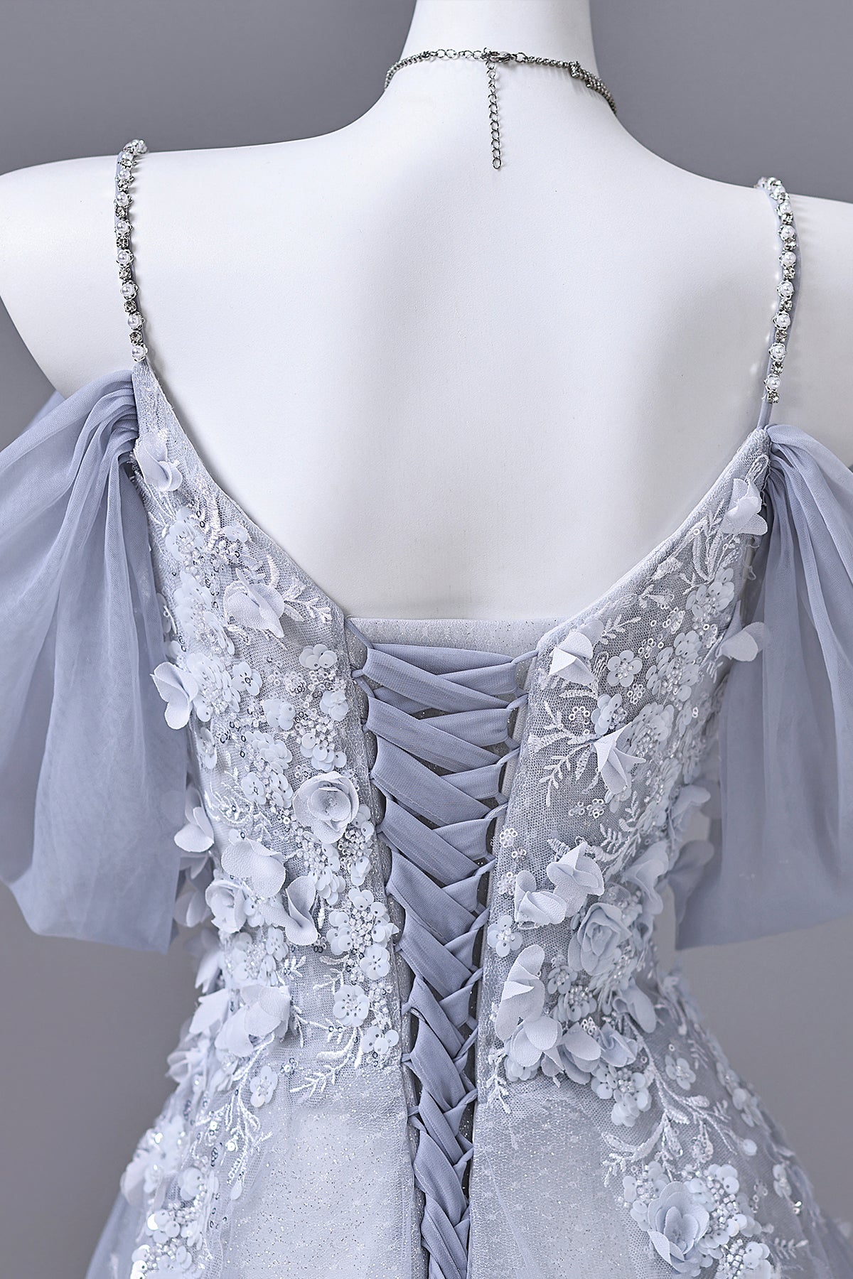 Dusty Blue Off-the-Shoulder Floral Applique Tulle Prom Gown | Spaghetti Strap Formal Evening Dress