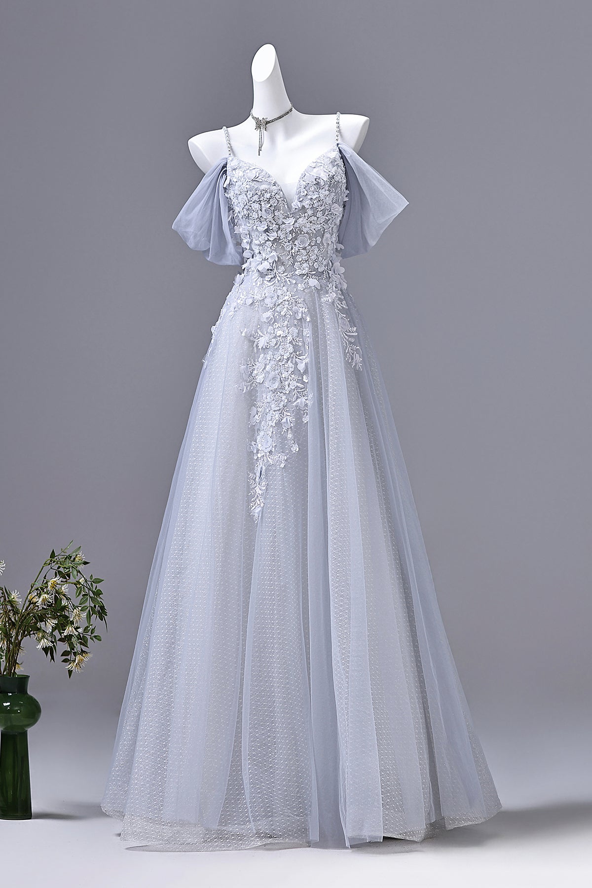 Dusty Blue Off-the-Shoulder Floral Applique Tulle Prom Gown | Spaghetti Strap Formal Evening Dress