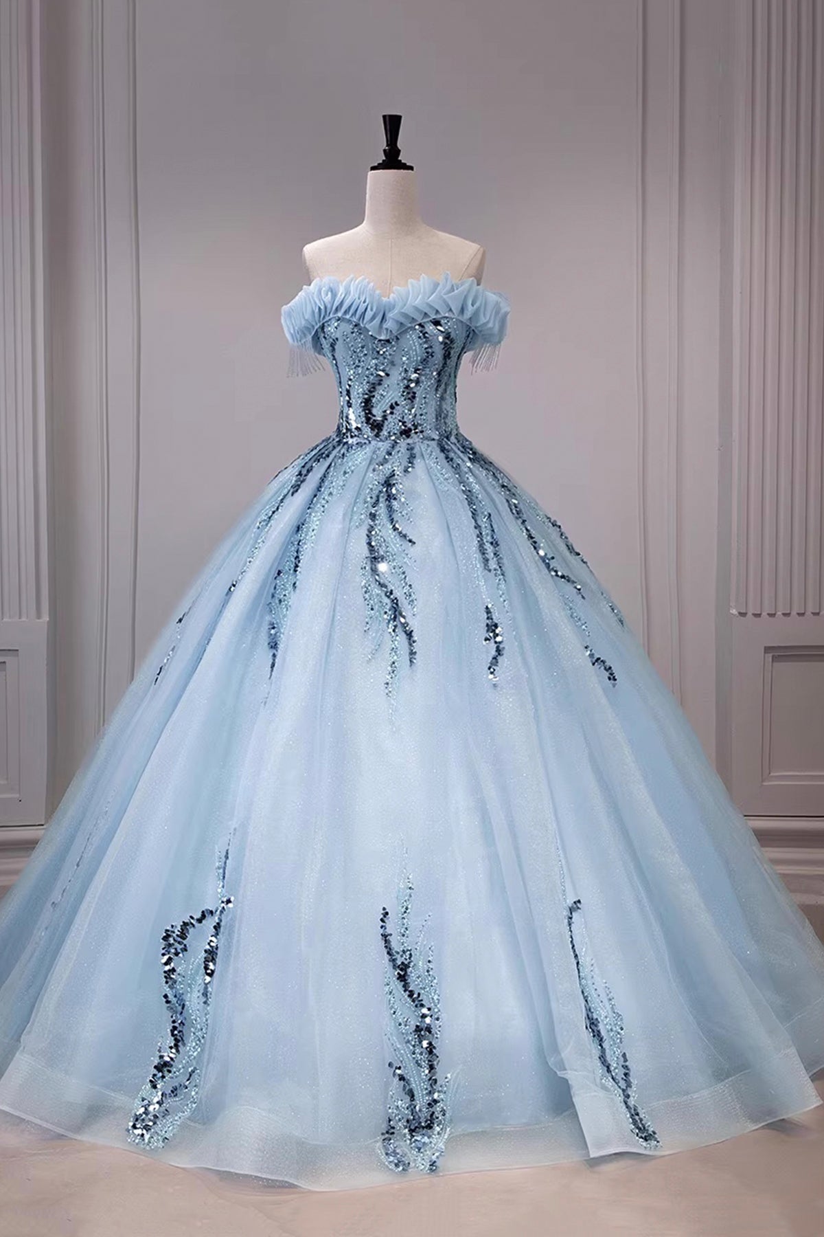 Elegant Off-the-Shoulder Ball Gown | Sequin Embellished Tulle Formal Dress