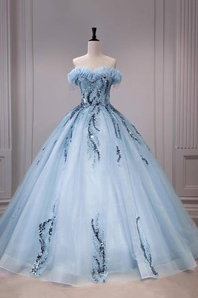 Elegant Off-the-Shoulder Ball Gown | Sequin Embellished Tulle Formal Dress