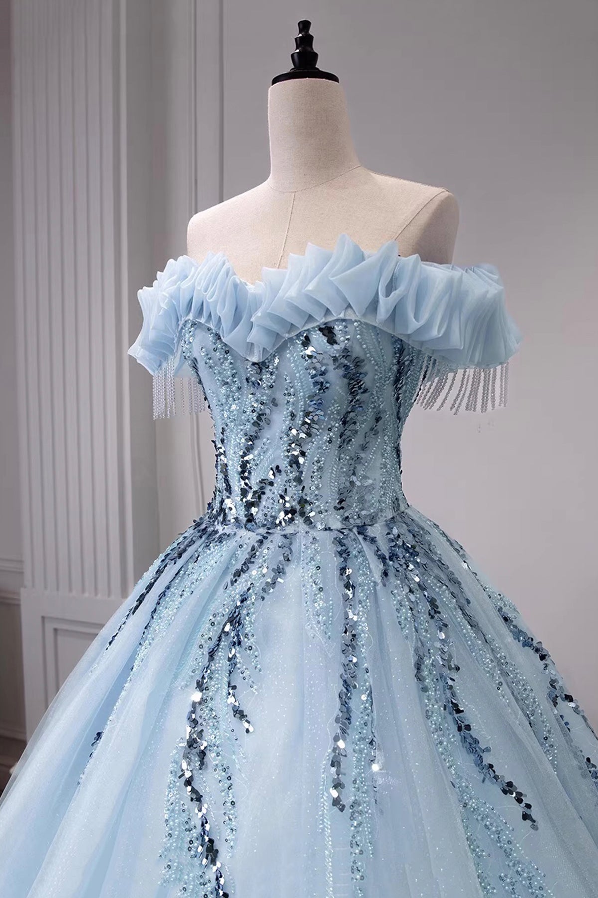 Elegant Off-the-Shoulder Ball Gown | Sequin Embellished Tulle Formal Dress