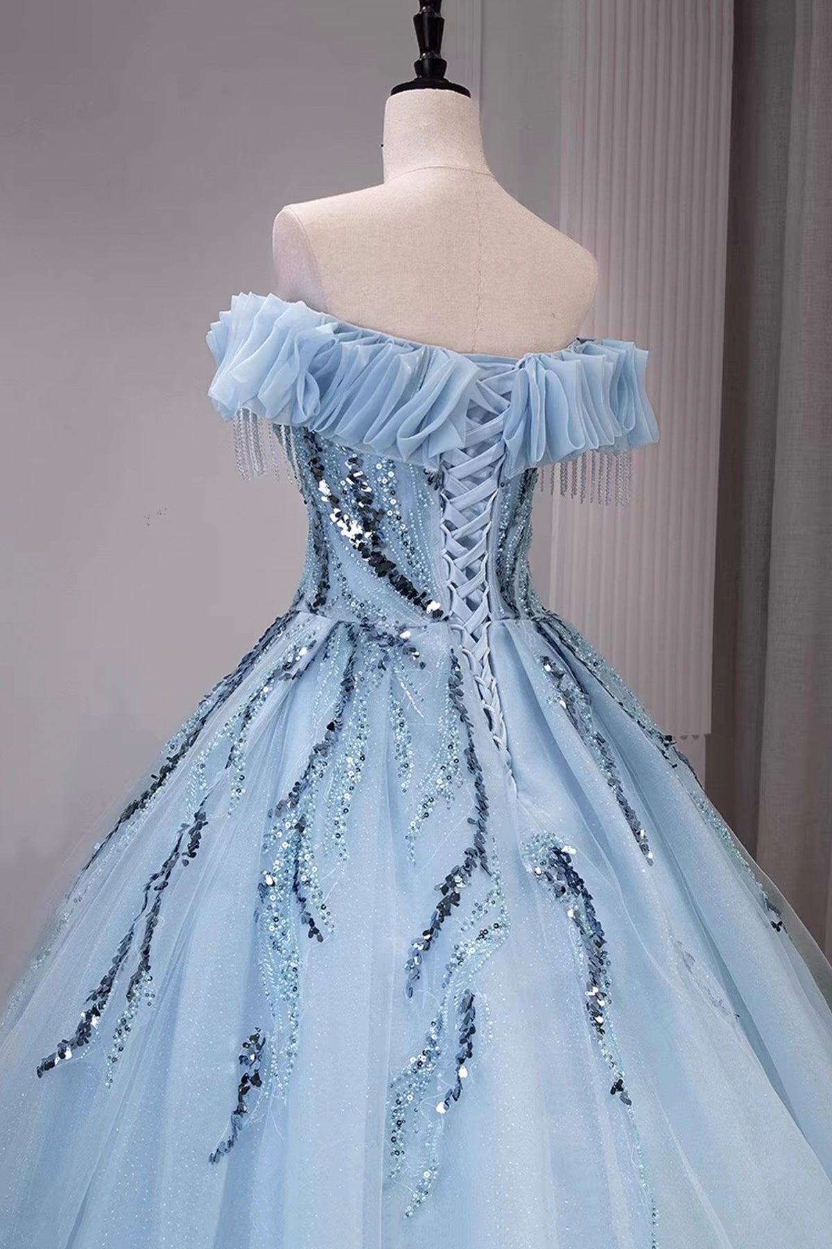 Elegant Off-the-Shoulder Ball Gown | Sequin Embellished Tulle Formal Dress