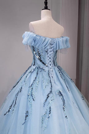 Elegant Off-the-Shoulder Ball Gown | Sequin Embellished Tulle Formal Dress