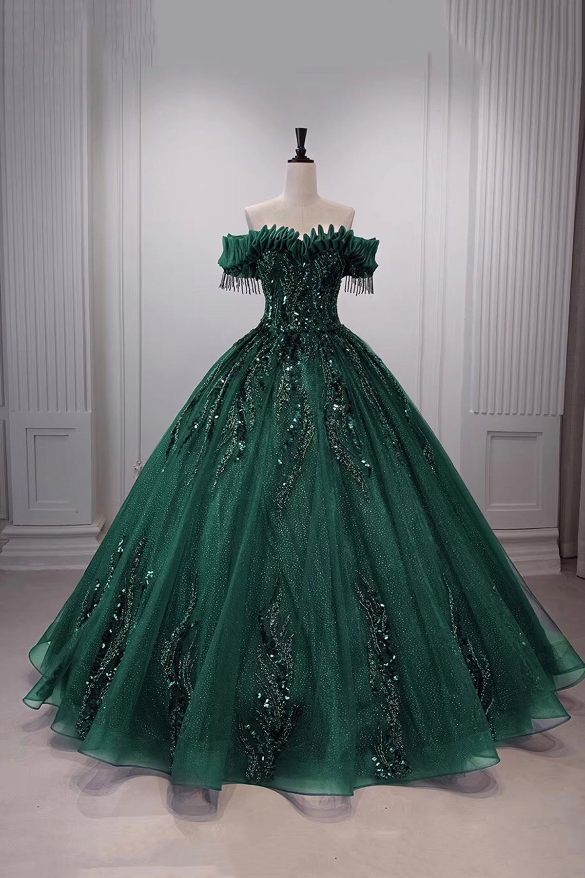 Elegant Off-the-Shoulder Ball Gown | Sequin Embellished Tulle Formal Dress
