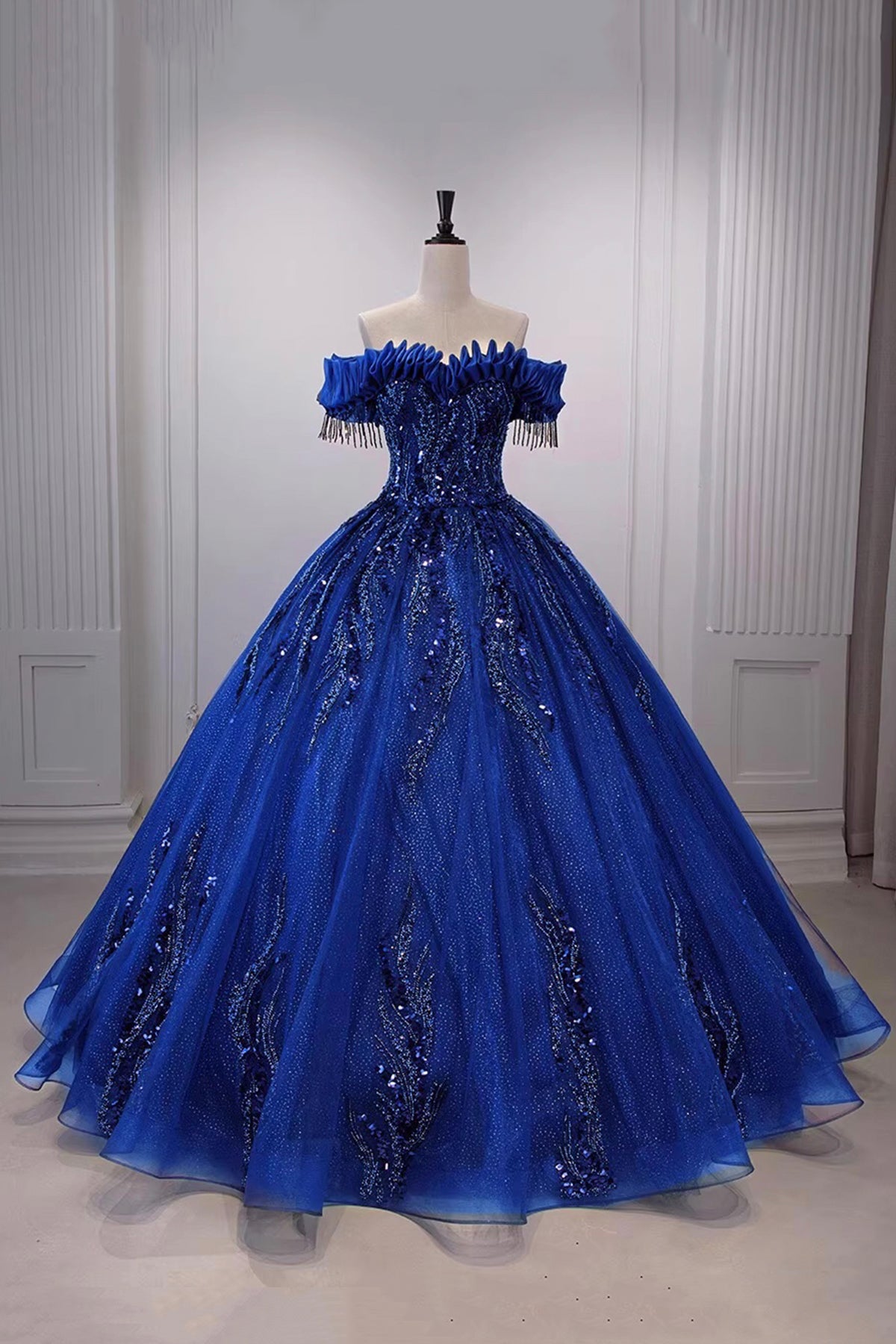 Elegant Off-the-Shoulder Ball Gown | Sequin Embellished Tulle Formal Dress