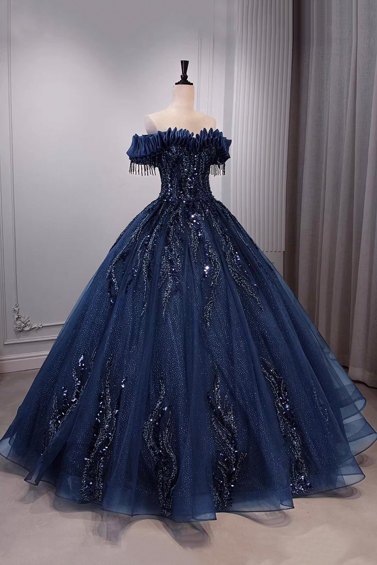 Elegant Off-the-Shoulder Ball Gown | Sequin Embellished Tulle Formal Dress