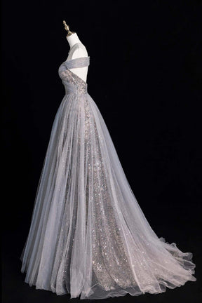Grey Sequin Embellished Off Shoulder Tulle Evening Gown Long Prom Dress