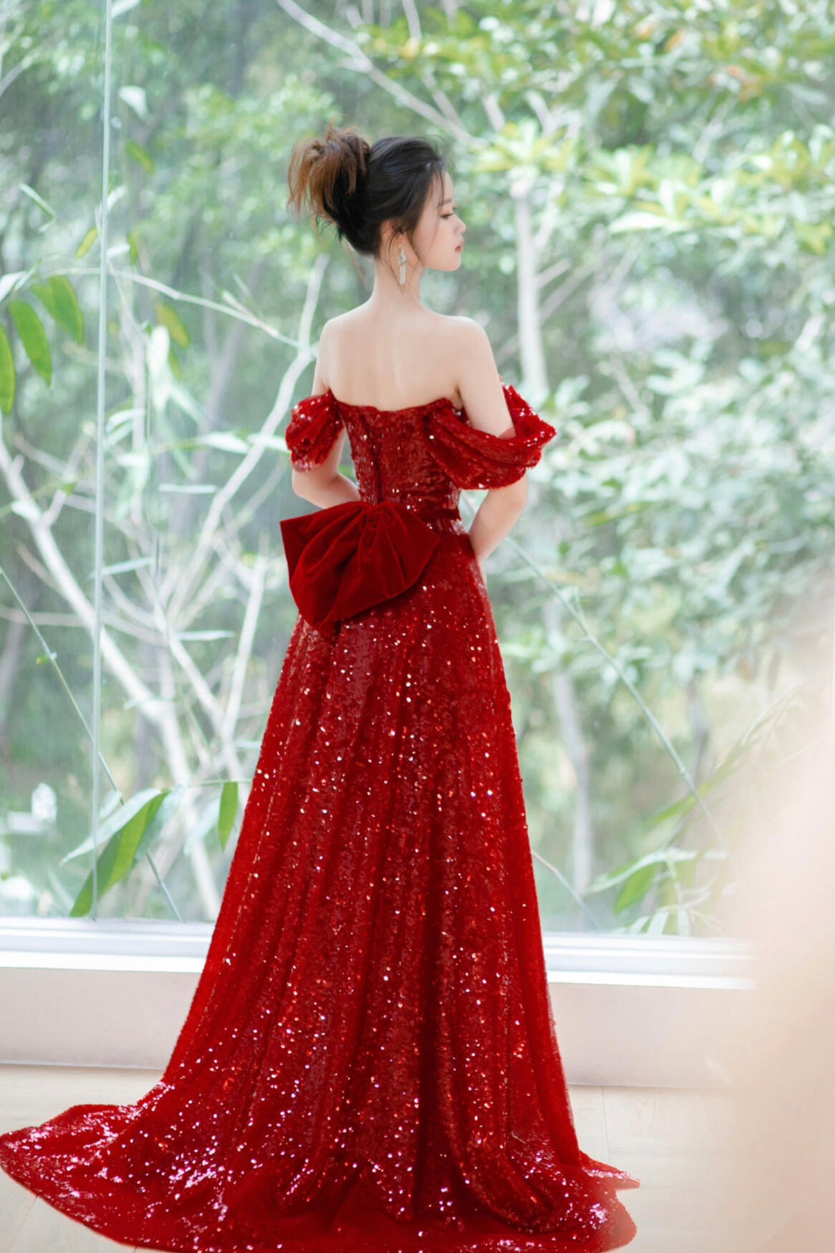Sparkly Red Sequin Ball Gown Off Shoulder Formal Dress with Train