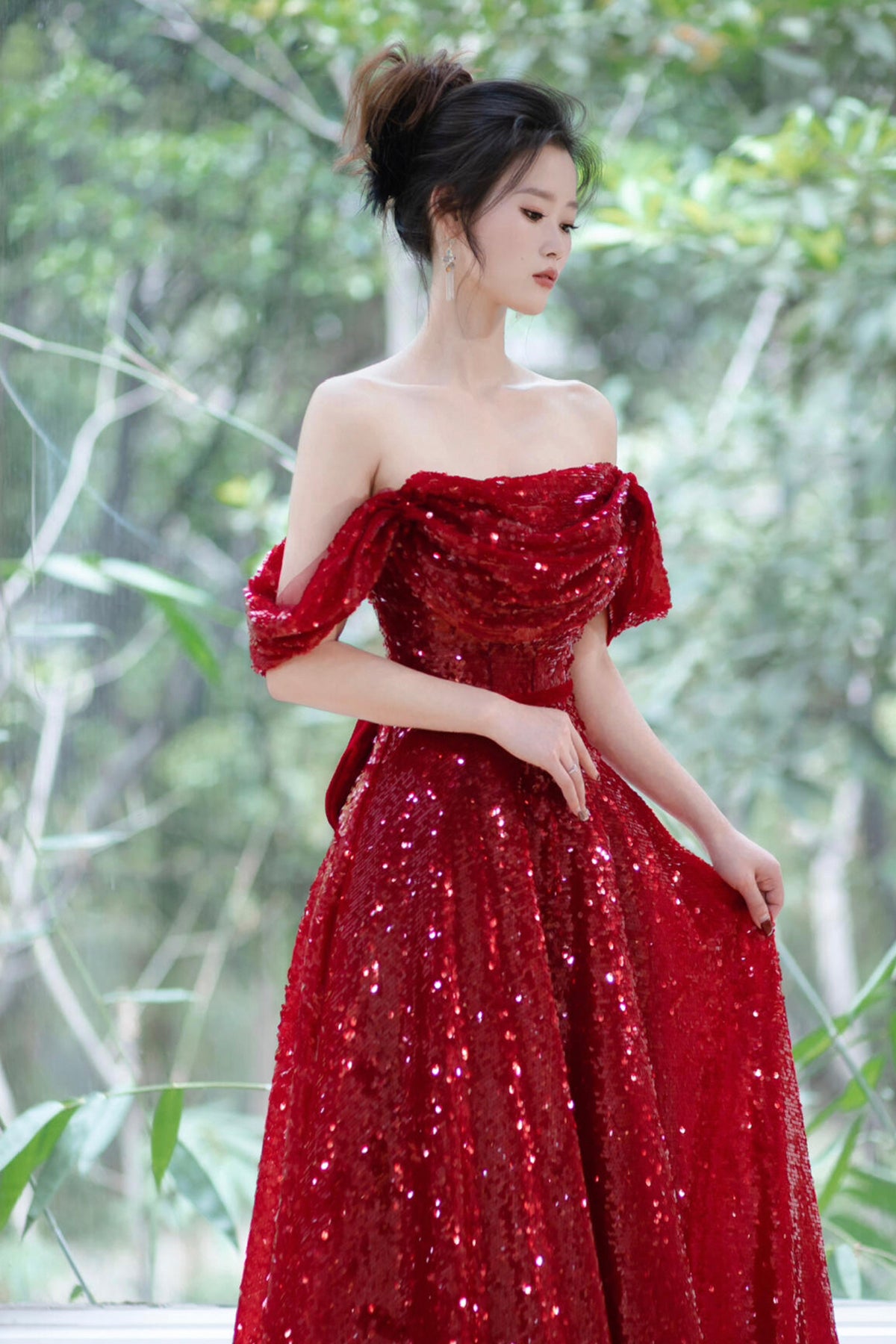 Sparkly Red Sequin Ball Gown Off Shoulder Formal Dress with Train