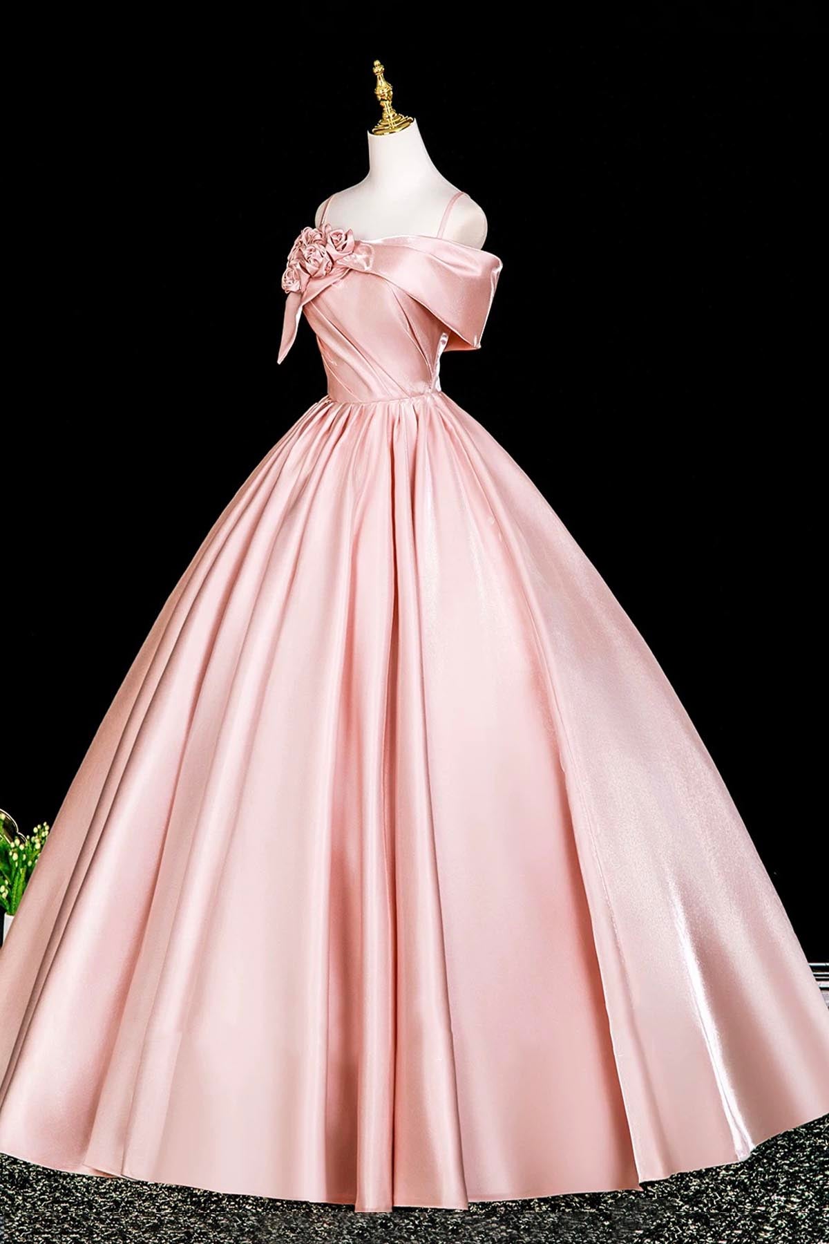 Pink Satin Long Prom Dress, Pink Off the Shoulder Formal Evening Dress