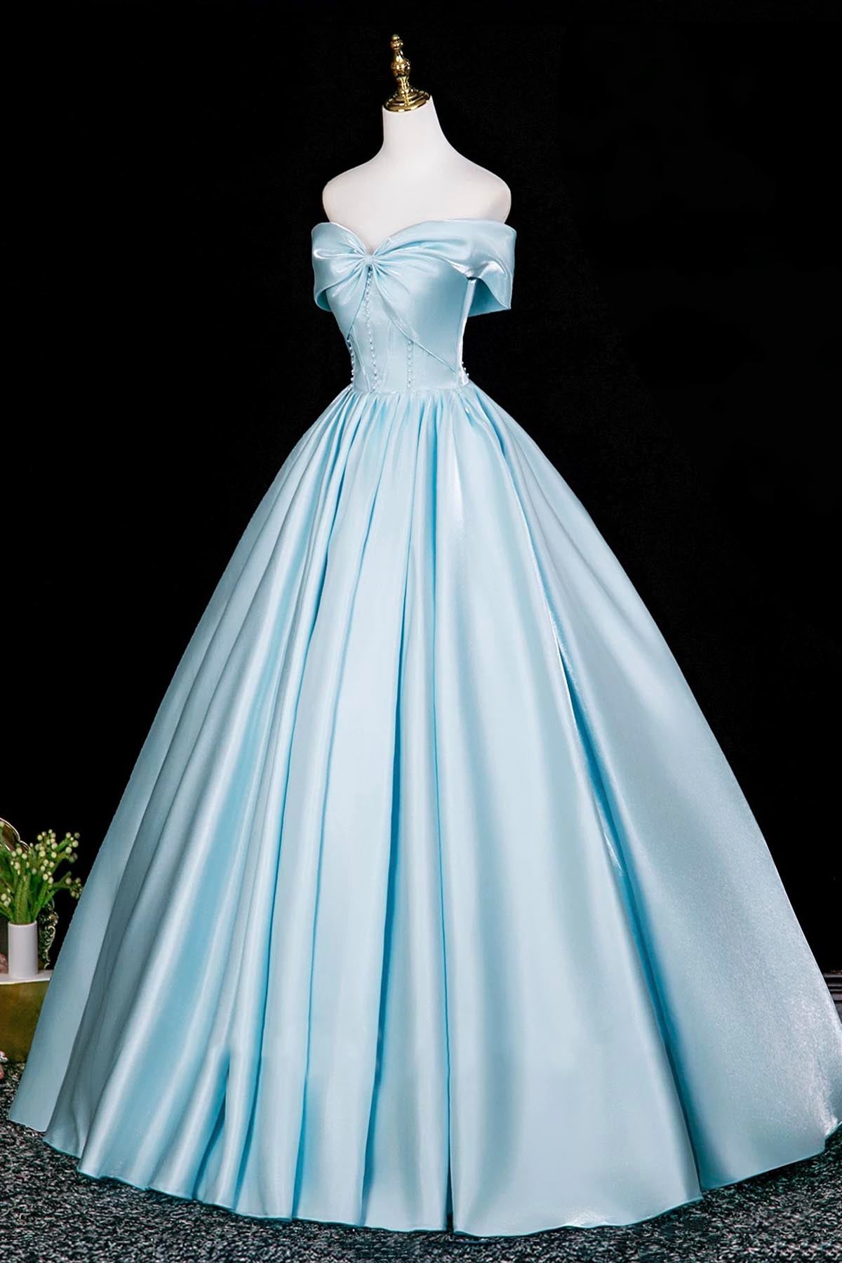 High-End Cinderella-Inspired Satin Long Ball Gown, Blue Off the Shoulder Formal Dress