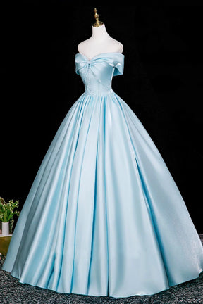 High-End Cinderella-Inspired Satin Long Ball Gown, Blue Off the Shoulder Formal Dress