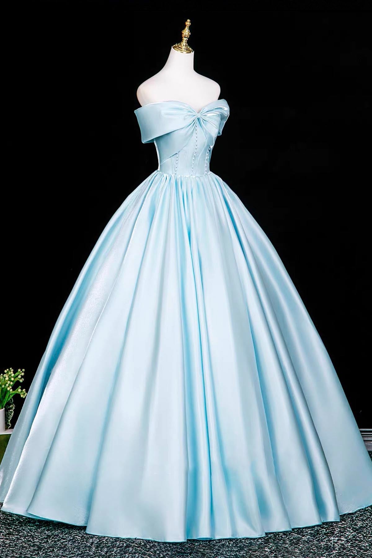 High-End Cinderella-Inspired Satin Long Ball Gown, Blue Off the Shoulder Formal Dress
