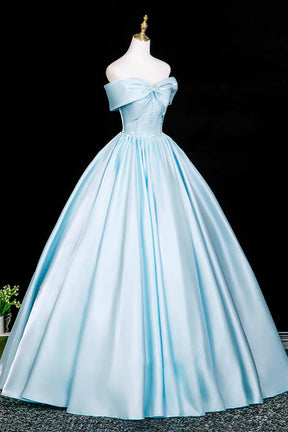 High-End Cinderella-Inspired Satin Long Ball Gown, Blue Off the Shoulder Formal Dress