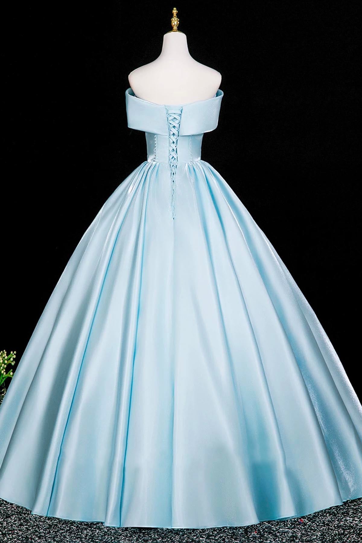 High-End Cinderella-Inspired Satin Long Ball Gown, Blue Off the Shoulder Formal Dress