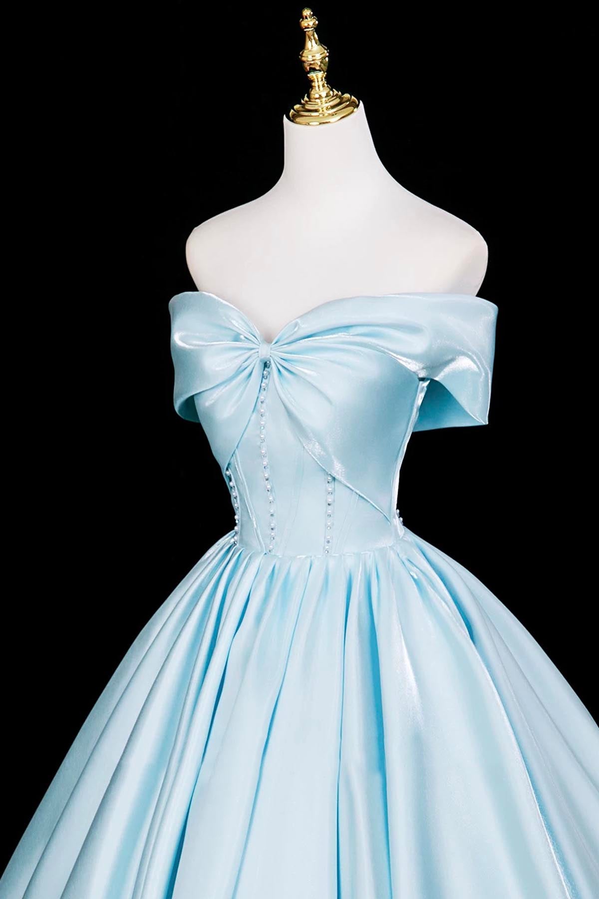 High-End Cinderella-Inspired Satin Long Ball Gown, Blue Off the Shoulder Formal Dress