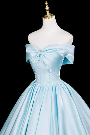 High-End Cinderella-Inspired Satin Long Ball Gown, Blue Off the Shoulder Formal Dress