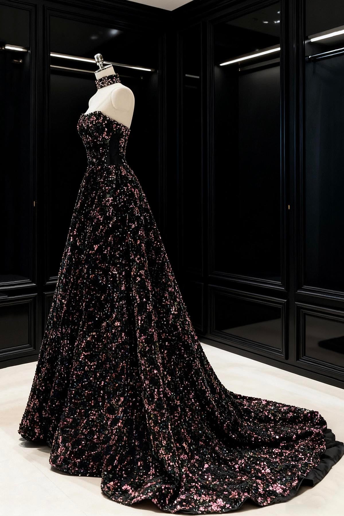 Black Sequined Strapless Ball Gown, A-Line Strapless Evening Formal Gown