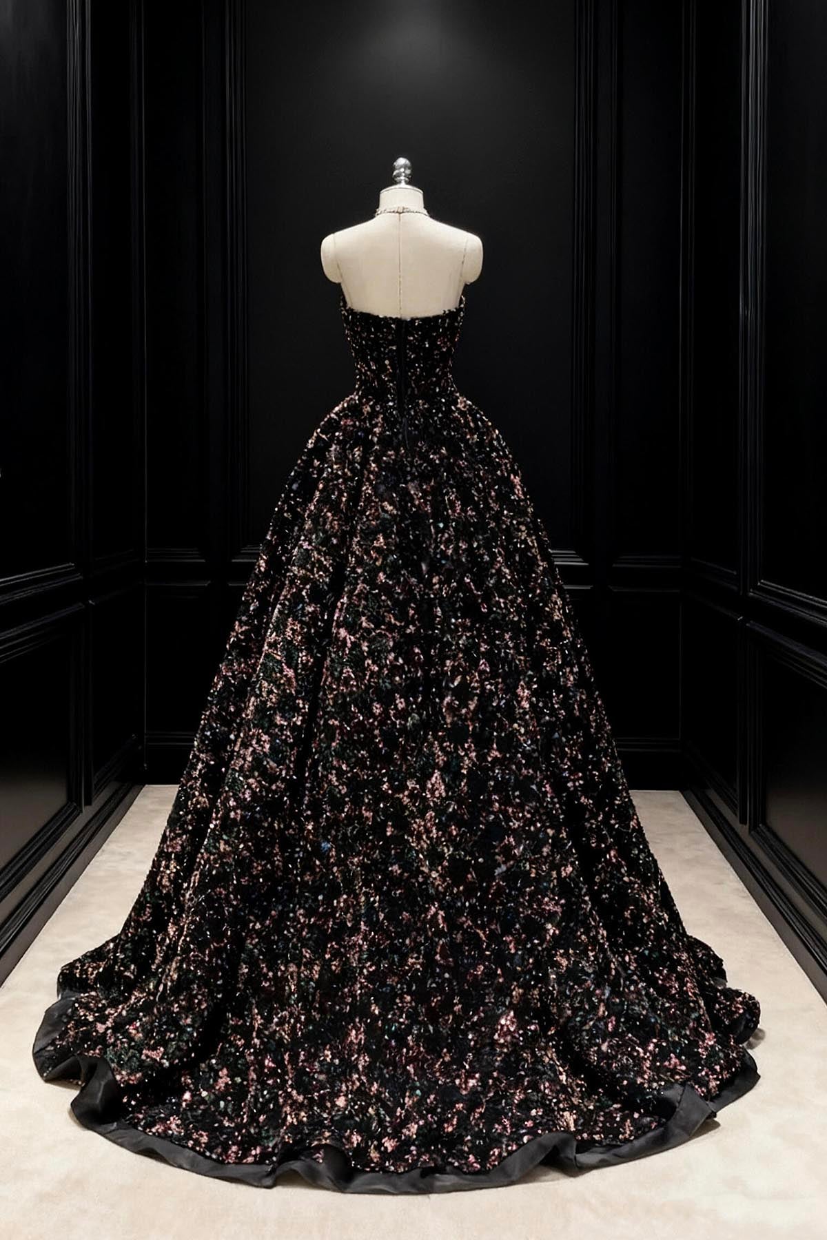 Black Sequined Strapless Ball Gown, A-Line Strapless Evening Formal Gown