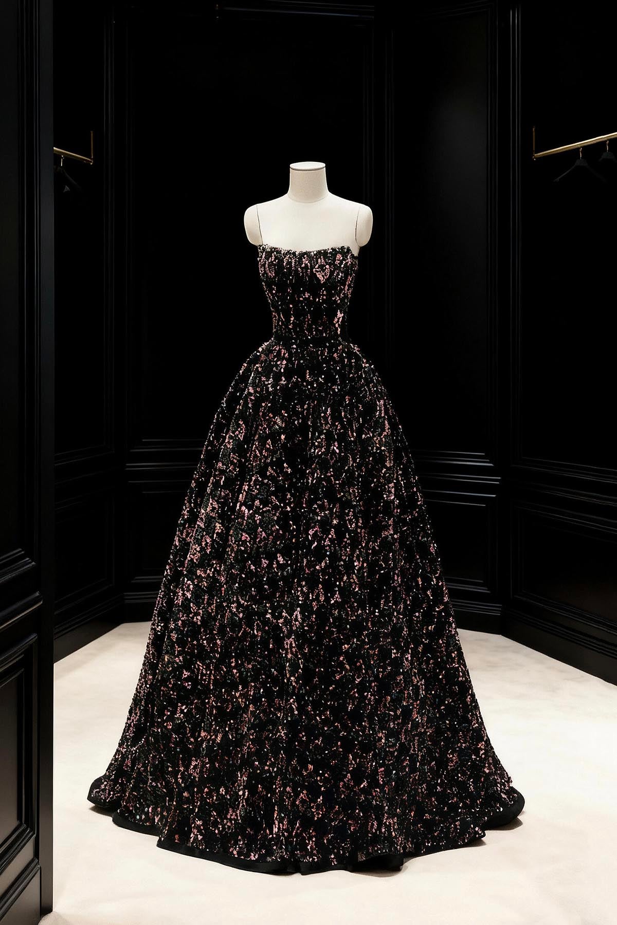 Black Sequined Strapless Ball Gown, A-Line Strapless Evening Formal Gown