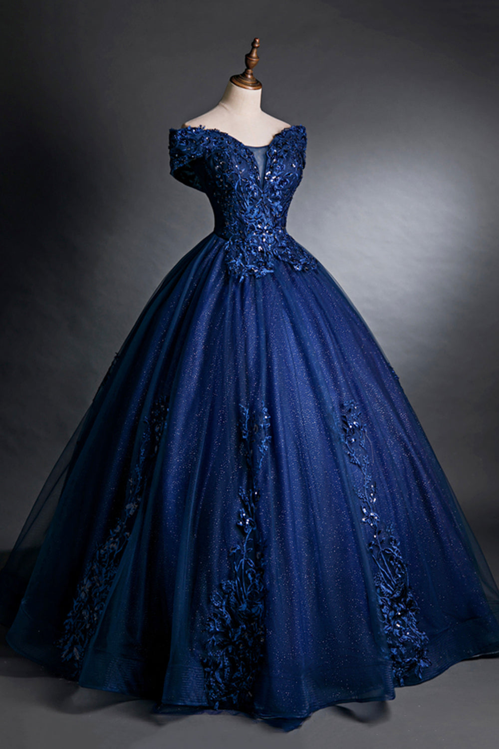 Blue Tulle Lace Long A-Line Ball Gown, Off the Shoulder Evening Party