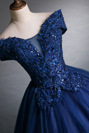 Blue Tulle Lace Long A-Line Ball Gown, Off the Shoulder Evening Party Dress