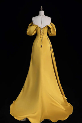 Yellow Satin Long Prom Dress, Off the Shoulder Evening Party Dress with Slit