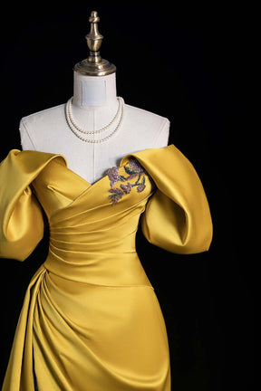 Yellow Satin Long Prom Dress, Off the Shoulder Evening Party Dress with Slit