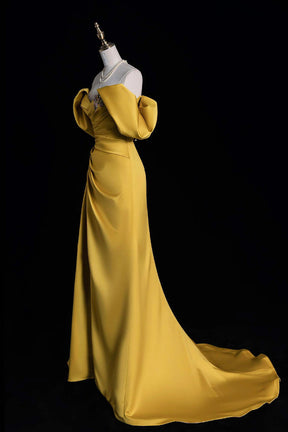 Yellow Satin Long Prom Dress, Off the Shoulder Evening Party Dress with Slit