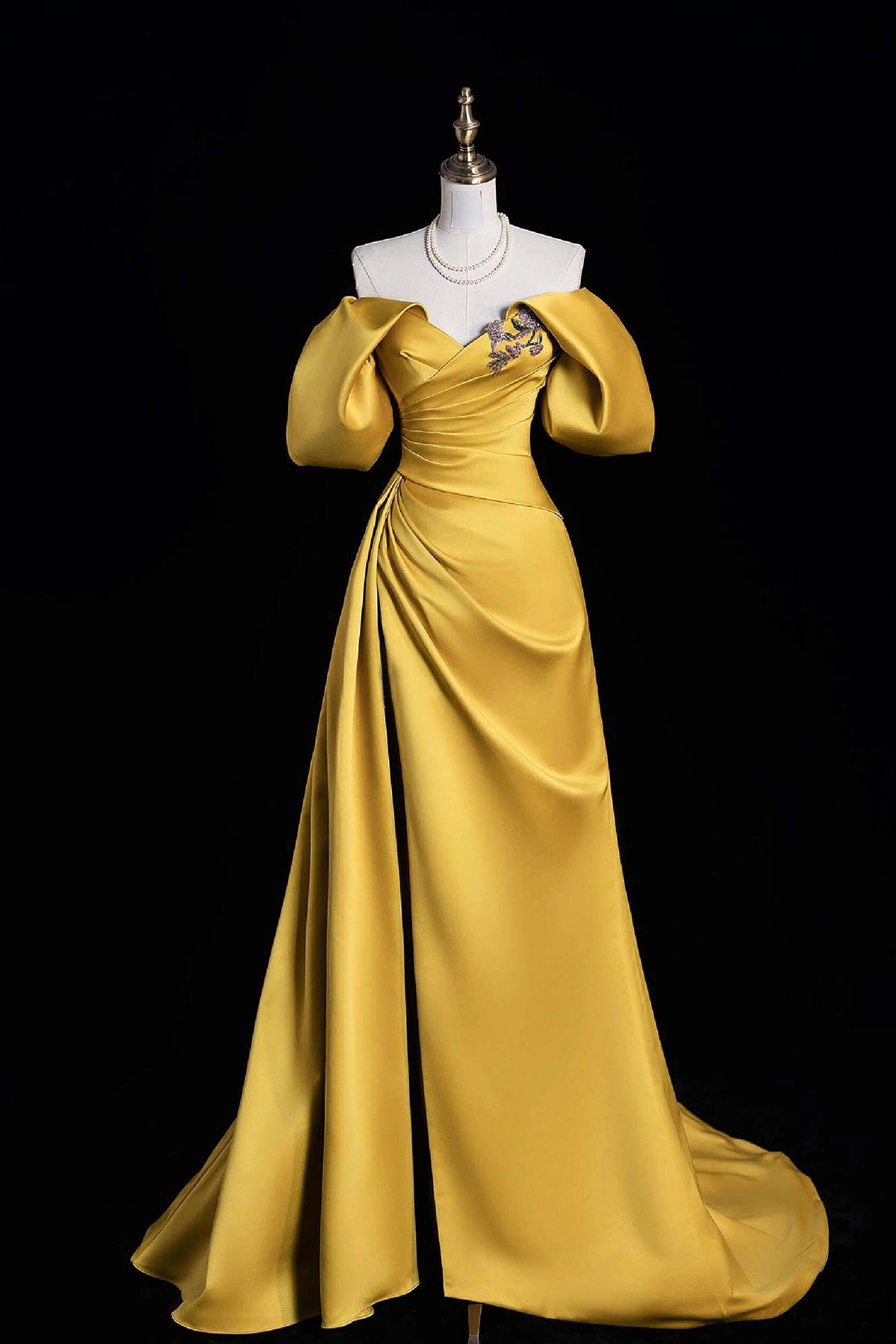 Yellow Satin Long Prom Dress, Off the Shoulder Evening Party Dress with Slit