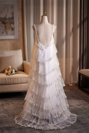 White Tiered Sequin Tulle Formal Evening Gown with Sheer Hooded Cape