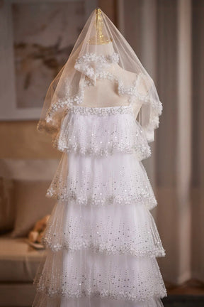 White Tiered Sequin Tulle Formal Evening Gown with Sheer Hooded Cape