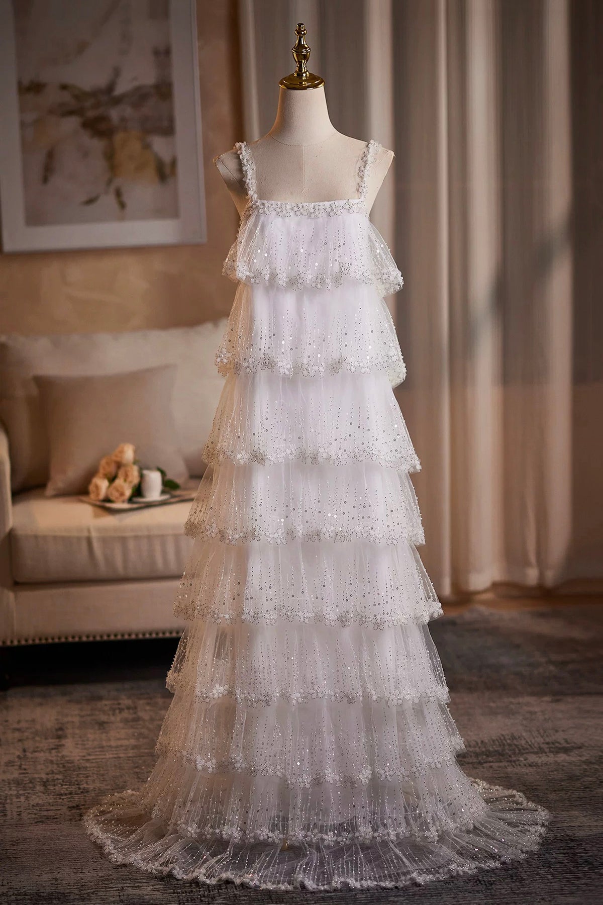 White Tiered Sequin Tulle Formal Evening Gown with Sheer Hooded Cape