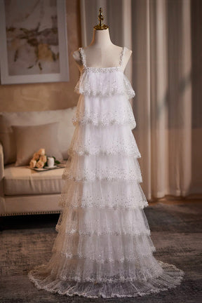 White Tiered Sequin Tulle Formal Evening Gown with Sheer Hooded Cape