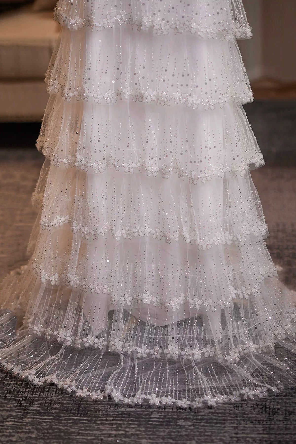 White Tiered Sequin Tulle Formal Evening Gown with Sheer Hooded Cape