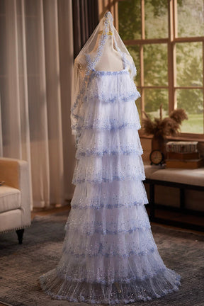 Lavender Tiered Sequin Tulle Formal Evening Gown with Sheer Hooded Cape