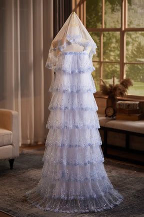 Lavender Tiered Sequin Tulle Formal Evening Gown with Sheer Hooded Cape