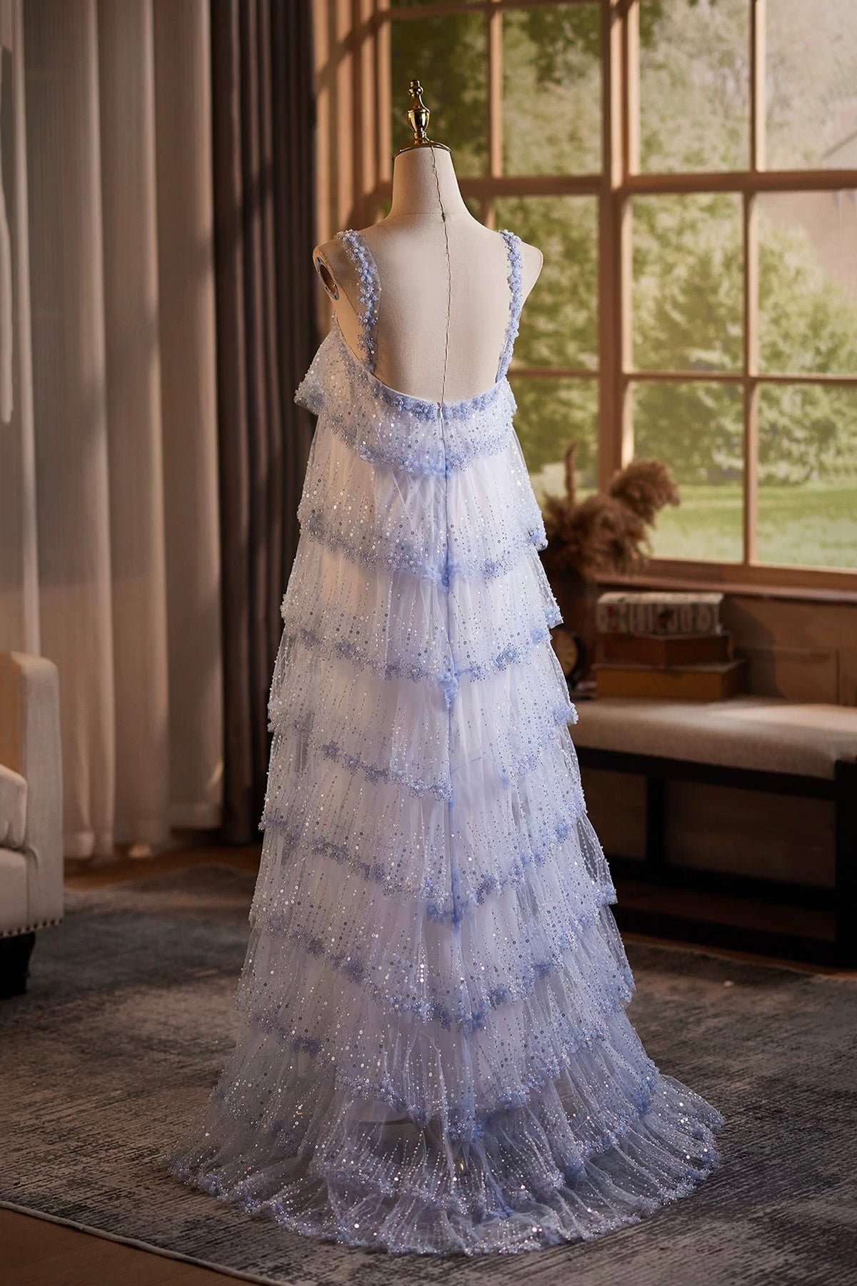 Lavender Tiered Sequin Tulle Formal Evening Gown with Sheer Hooded Cape
