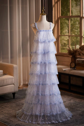 Lavender Tiered Sequin Tulle Formal Evening Gown with Sheer Hooded Cape