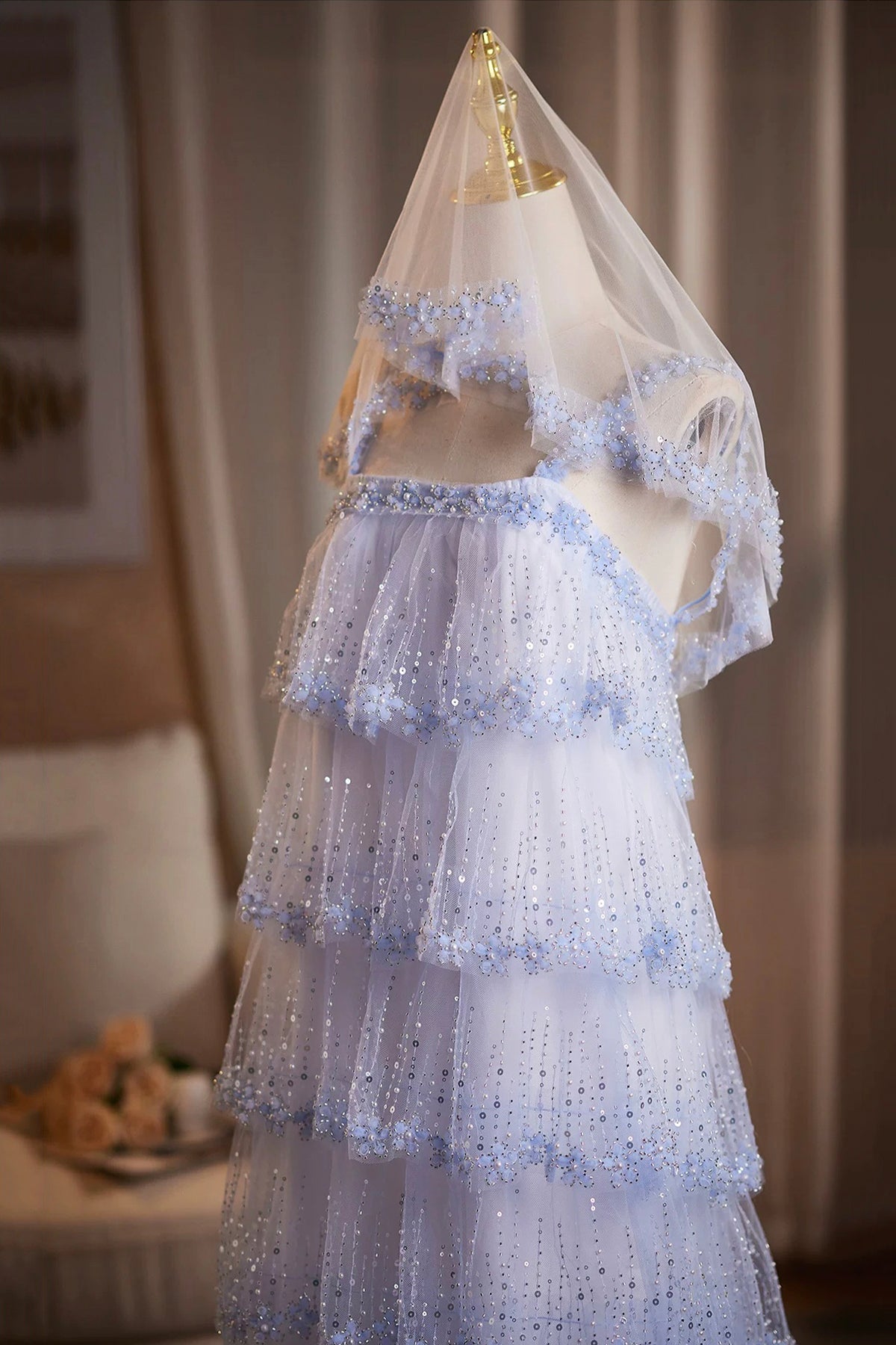 Lavender Tiered Sequin Tulle Formal Evening Gown with Sheer Hooded Cape