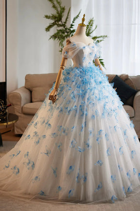 Blue & White 3D Floral Petal Ball Gown Prom Dress