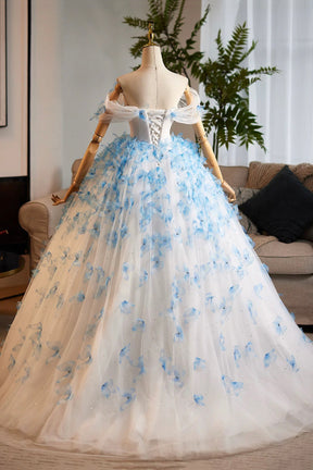 Blue & White 3D Floral Petal Ball Gown Prom Dress