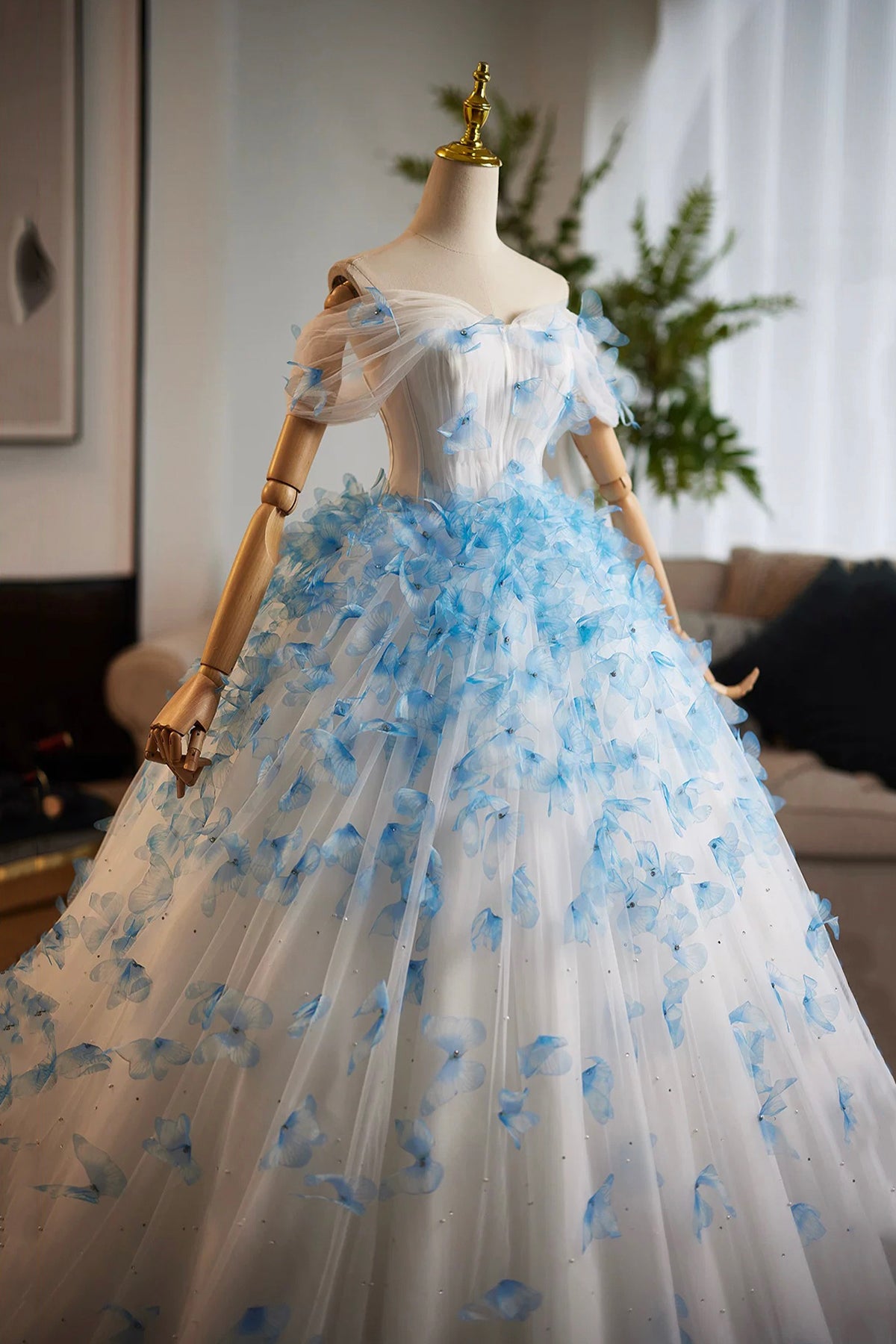 Blue & White 3D Floral Petal Ball Gown Prom Dress