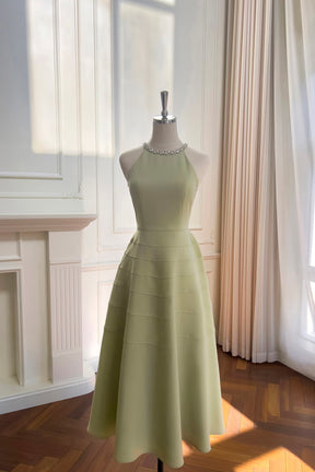 Soft Sage Green Halter Neck Midi Gown with Crystal Collar Detail