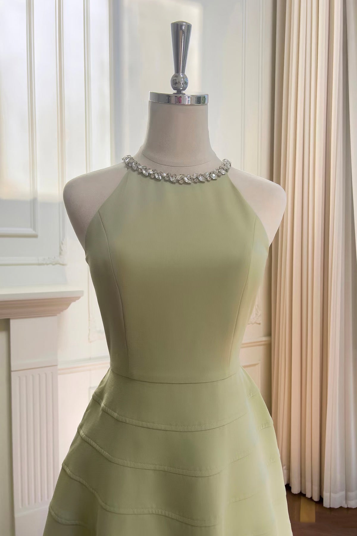 Soft Sage Green Halter Neck Midi Gown with Crystal Collar Detail