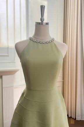 Soft Sage Green Halter Neck Midi Gown with Crystal Collar Detail