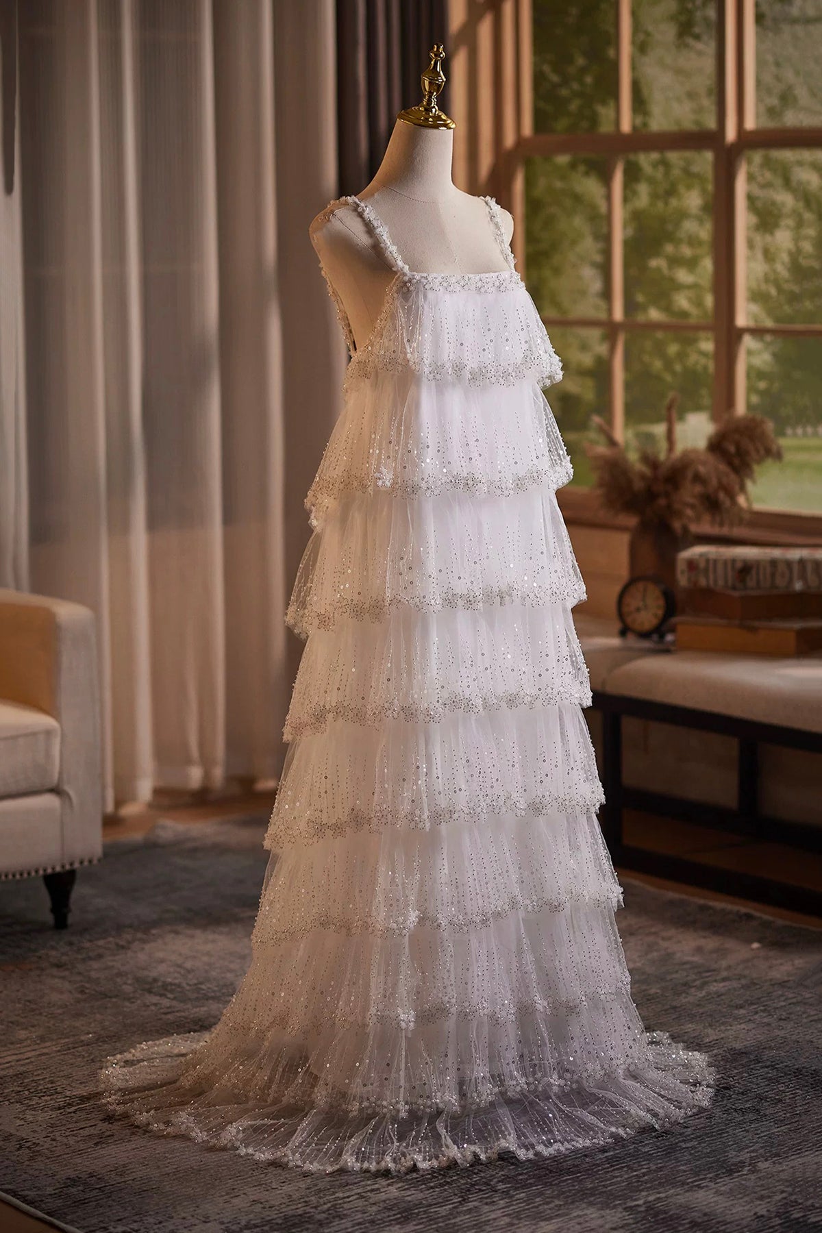 White Tiered Sequin Tulle Formal Evening Gown with Sheer Hooded Cape