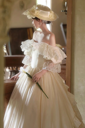 Ivory Tulle Lace Long Prom Dress, Ivory A-Line Evening Party Gown