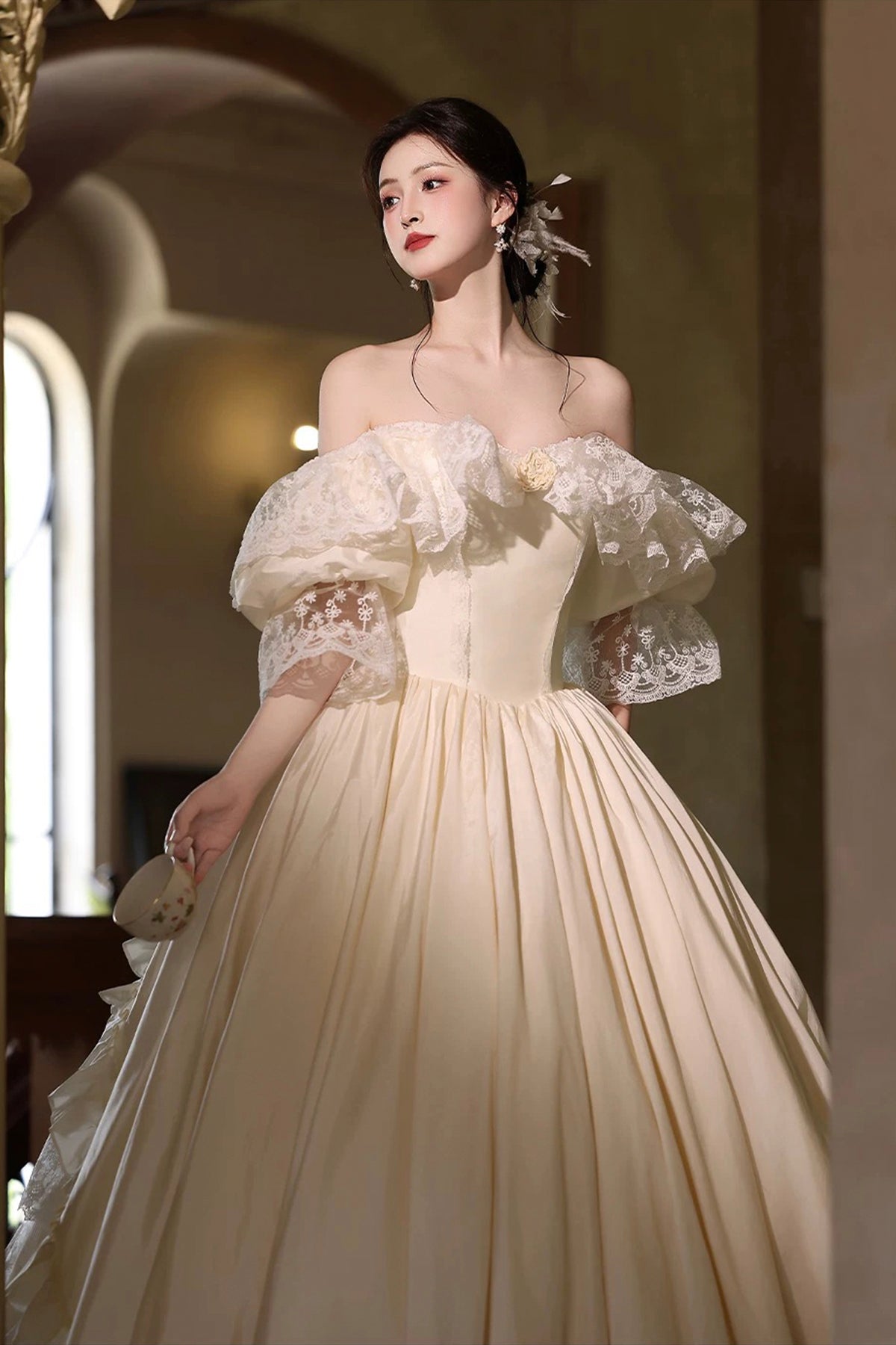 Ivory Tulle Lace Long Prom Dress, Ivory A-Line Evening Party Gown