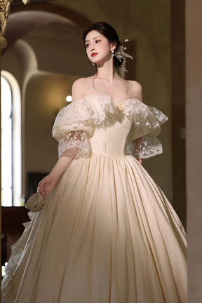 Ivory Tulle Lace Long Prom Dress, Ivory A-Line Evening Party Gown